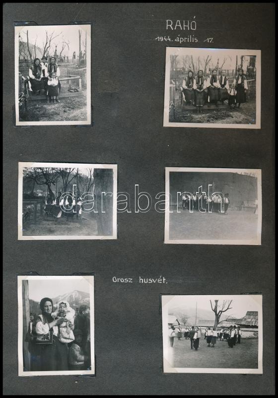 1944 45 db feliratozott fénykép albumlapokon: Rahó, katona, Tiszavölgy, Tiszaköz, orosz húsvét népviseletet viselő helyiekkel, stb. - Image 3