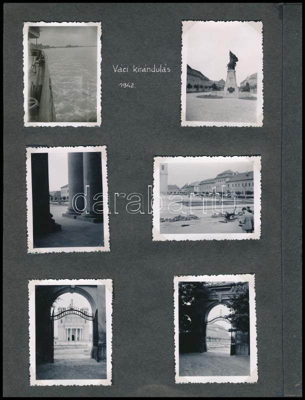 1942-1944 29 db feliratozott fotó albumlapokon: Gödöllő, kastély, faiskola, Vác, kirándulás, komp, Őrszentmiklós, Tihany, stb.