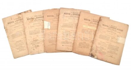 1874 A Magyar Mérnök és Építész-Egylet Közlönyének 6 száma (VIII. köt, 1874. jan., május, julius, augusztus, szeptember, október.) Szerk.: Ambrozovics Béla és Ney Béla. Bp., Athenaeum, 2+52+ IV (VIII/1-4) t.; 4+177-216 p.+2