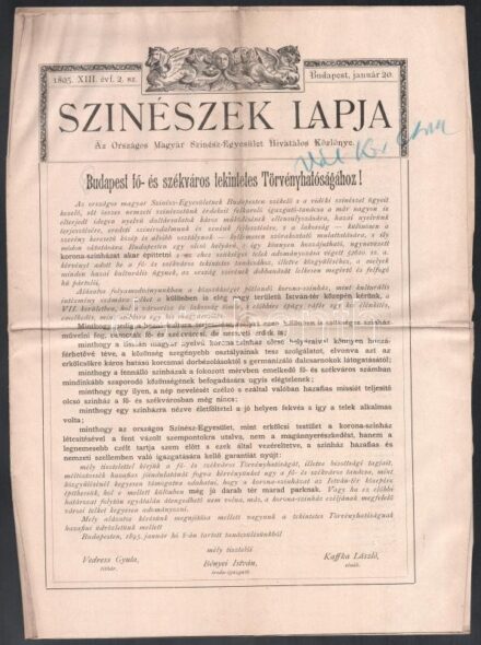 1895 A Színészek lapja XIII. évf 2. száma, benne a Színészegylet felhívásával az István (Klauzál) téren színház építésére a leégett színház pótlására.