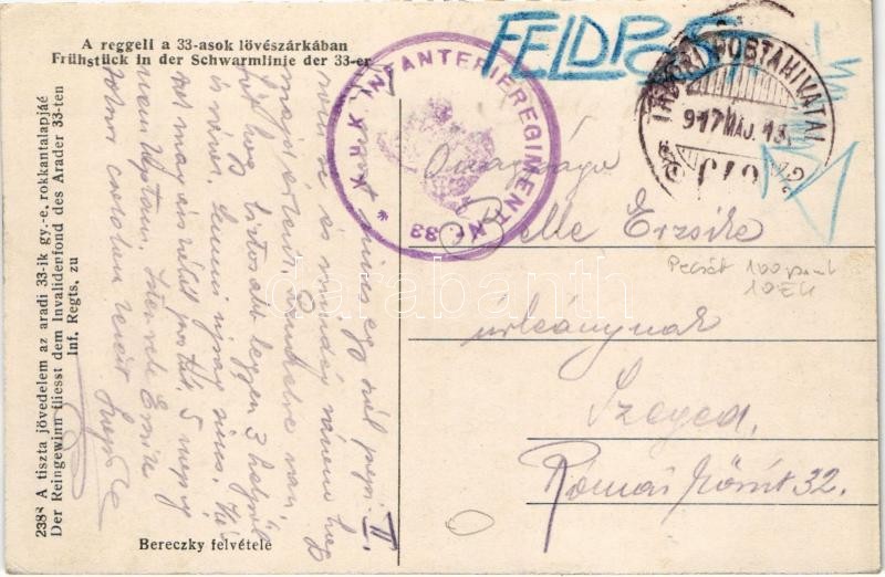1917 A reggeli a 33-asok lövészárkában. A tiszta jövedelm az aradi 33-ik gyalogezred rokkantalapjáé, Bereczky felvétele / Frühstück in der Schwamlinie der 33-er / WWI Austro-Hungarian military, breakfast in the trench - Image 2