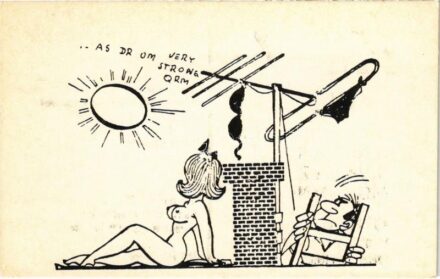 Humoros erotikus rádióamatőr képeslap meztelen nővel. Szolnok / Erotic QSL postcard (confirmation cards of a two-way communication between two amateur radio stations)