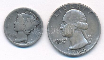 Amerikai Egyesült Államok 1920. 1d Ag 'Mercury' + 1944S 1/4$ Ag 'Washington' T:3,2- ph. USA 1920. Dime Ag 'Mercury' + 1944S 1/4 Dollar Ag 'Washington' C:F,VF edge error Krause KM#164