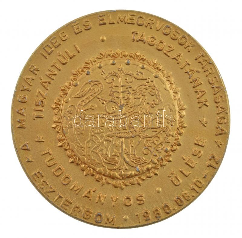 Peternák Gusztáv (1928-2003) 1980. 'A Magyar Ideg és Elmeorvosok Társasága Tiszántúli tagozatának tudományos ülése - Esztergom 1980. 06.10-12' kétoldalas aranyozott Al emlékérem (45mm) T:1- kissé kopott aranyozás, kis ph - Image 2