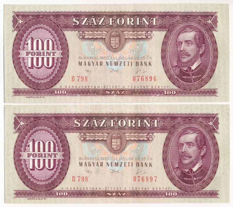 1992. 100Ft (2x) sorszámkövetők 'B 798 076896 - B 798 076897' T:III szép papír, nyomdai papírráncok Adamo F37