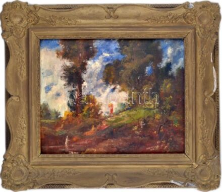 Herman Lipót (1884-1972): Fürdőzők, 1928. Olaj, vászon. Jelezve jobbra lent. Hátoldalán Szépművészeti Múzeum kiviteli bélyegzővel. Dekoratív, sérült keretben. 40x50 cm. / oil on canvas, signed, framed.