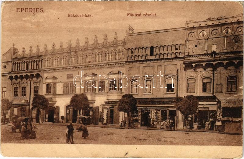 1910 Eperjes, Presov; Rákóczi ház, Fő utca, Goldwender Henrik üzlete. Divald Károly fia kiadása / main street, shops (EK)