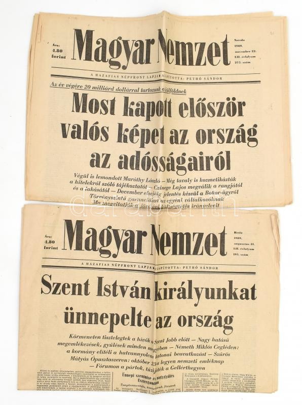 1989 Magyar Nemzet 2 száma, bennük a kor híreivel.