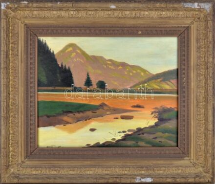 Katona Nándor (1864-1932): Tátrai táj. Olaj, fa, jelezve balra lent. Dekoratív, sérült fakeretben. 40x50 cm / Nándor Katona (1864-1932): Tatry.. Oil on wood, signed lower left. Framed. 40x50 cm.