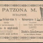 1888 Patzona M. Budapest, Hatvani utcai csizma- és cipőáruk kereskedésének reklámkartonja, hátoldalon kézzel írt számlával, saját kezű aláírásával