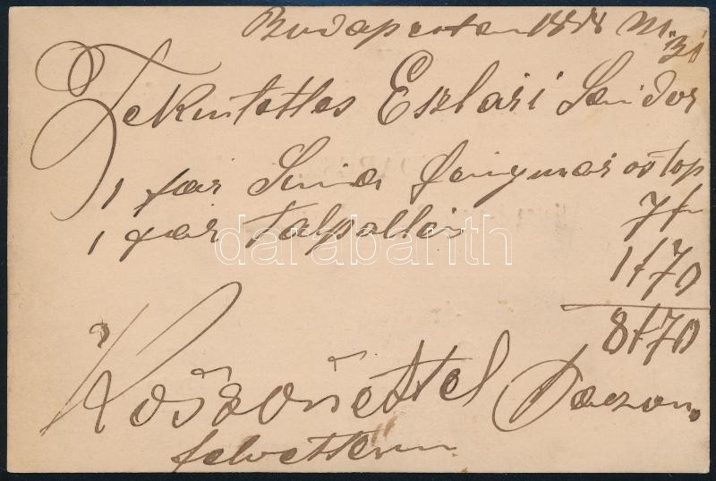 1888 Patzona M. Budapest, Hatvani utcai csizma- és cipőáruk kereskedésének reklámkartonja, hátoldalon kézzel írt számlával, saját kezű aláírásával - Image 2