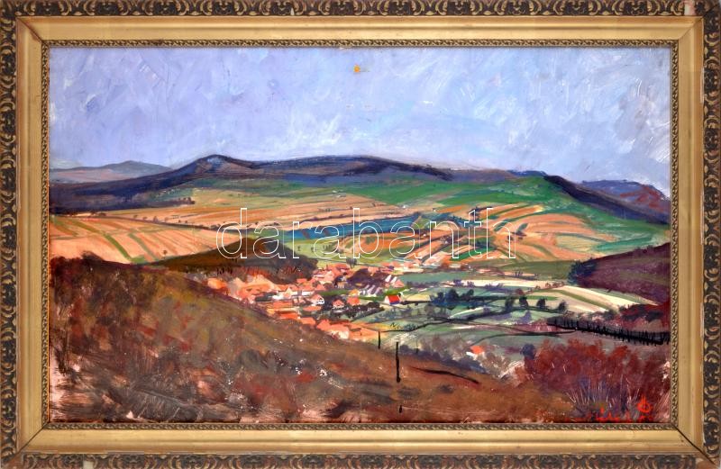 Ősz Dénes (1915-1980): Pilisszentlászló. Olaj, farost, jelezve jobbra lent. Hátoldalán Képcsarnok Vállalat címkéivel. Dekoratív, sérült fakeretben. 61,5×100 cm / oil on fibre board, signed lower right, framed. KIZÁRÓLAG SZEMÉLYES