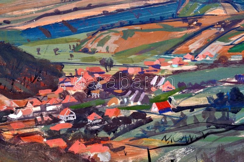 Ősz Dénes (1915-1980): Pilisszentlászló. Olaj, farost, jelezve jobbra lent. Hátoldalán Képcsarnok Vállalat címkéivel. Dekoratív, sérült fakeretben. 61,5×100 cm / oil on fibre board, signed lower right, framed. KIZÁRÓLAG SZEMÉLYES - Image 2