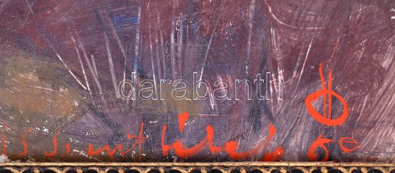 Ősz Dénes (1915-1980): Pilisszentlászló. Olaj, farost, jelezve jobbra lent. Hátoldalán Képcsarnok Vállalat címkéivel. Dekoratív, sérült fakeretben. 61,5×100 cm / oil on fibre board, signed lower right, framed. KIZÁRÓLAG SZEMÉLYES - Image 3