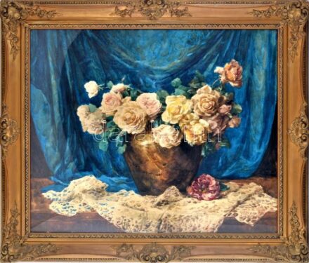 Komáromi-Kacz Endréné (1883-1954): Csendélet. Akvarell, papír. Jelezve jobbra lent. Dekoratív, üvegezett, kissé sérült fakeretben. 70x84 cm / watercolour on paper, signed lower right, framed