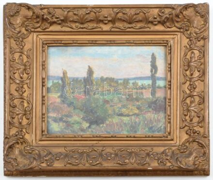 Kunwald Cézár (1870-1947): Balatoni táj. Olaj, karton. Jelezve jobbra lent. Dekoratív, üvegezett, kissé sérült fakeretben. 17,5x21,5 cm