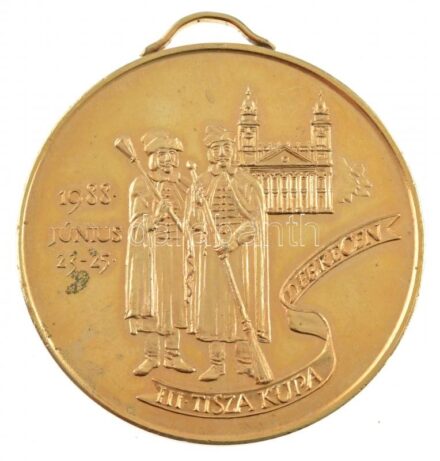 Fritz Mihály (1947-) 1988. 'III. Tisza kupa - Debrecen 1988. június 23-25' kétoldalas fém emlékérem füllel (60mm) T:2 patina, karc, kis ph