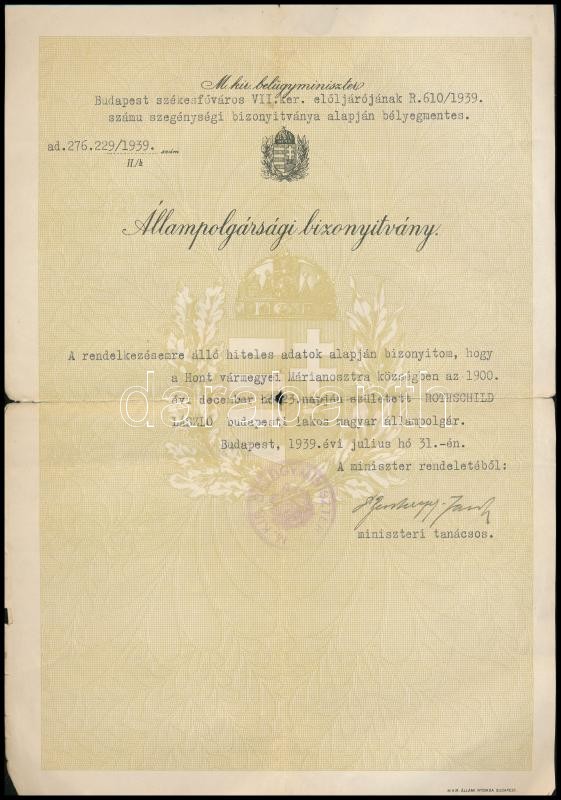 1939 Rotschild László hont vármegyében született férfi állampolgársági bizonyítványa. Kis lyukkal