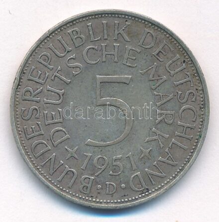 NSZK 1951D 5M Ag T:2,2- ph., patina GFR 1951D 5 Mark Ag C:XF,VF edge error, patina Krause KM#112