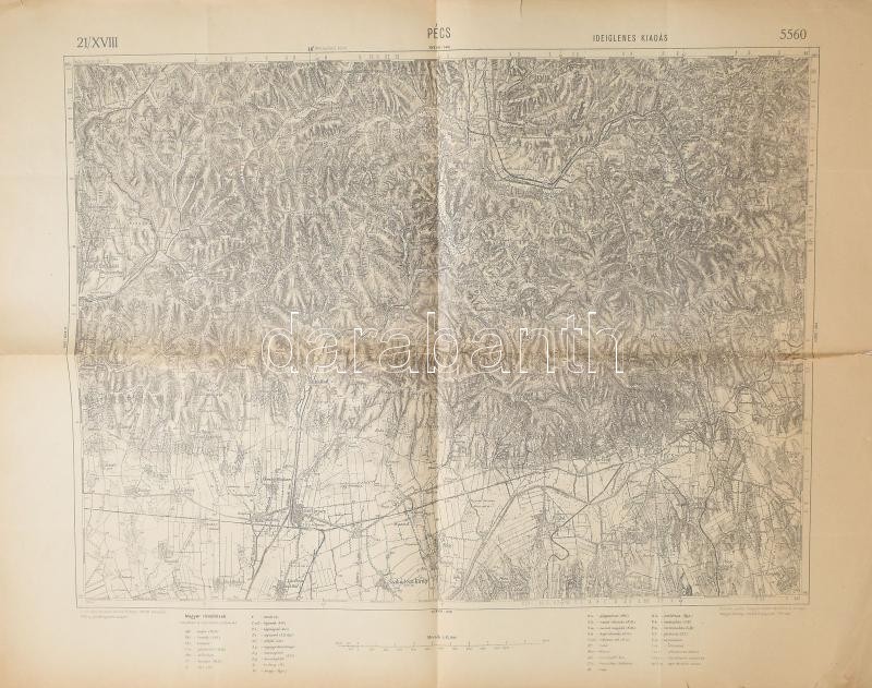 cca 1919 Pécs és környéke térképe, ideiglenes kiadás, 1:75.000, Bp., Magyar Földrajzi Intézet, szakadt, 50x64 cm