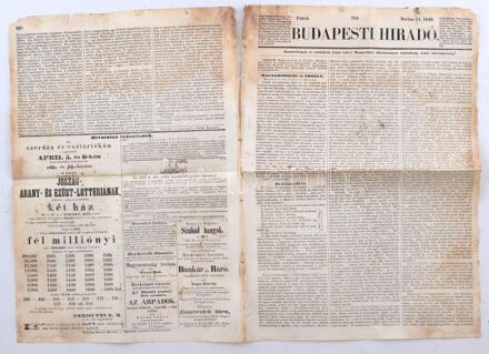 1848 Budapesti Híradó 1848. márc. 24., a címlapon: Ministerelnöki körlevél, első szám. Szerk.: Vida Károly. Pest, Landerer és Heckenast, szakadt, foltos, 285-288 p.