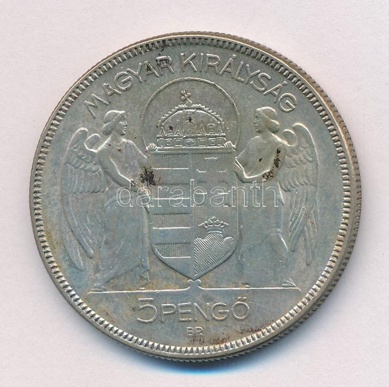 1930. 5P Ag 'Horthy jobbra' T:2,2- patina, karc Adamo P8 - Image 2