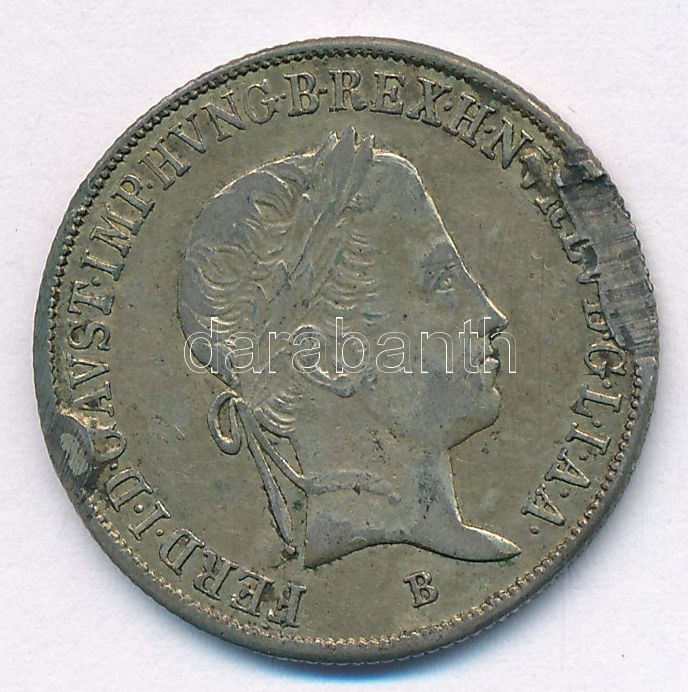 1845B 20kr Ag 'V. Ferdinánd' T:3 patina, a perem nagy részen sérült, karc Hungary 1845B 20 Kreuzer Ag 'Ferdinand V' C:F patina, larger damage on the edge, scratch Huszár:2081.,Unger III.: 1419.