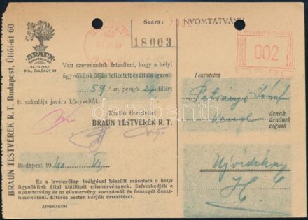 1941 Bp., Braun Testvérek Rt. fejléces nyomtatványa