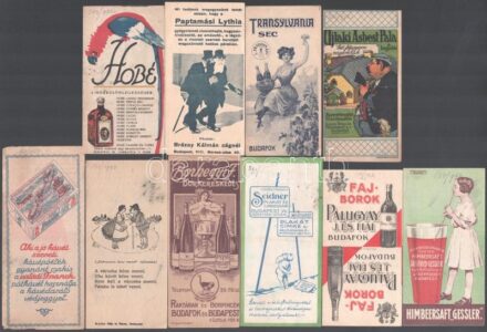 cca 1900-1930 Vegyes számolócédula tétel, 10 db: Közte: Faragó Géza (1877-1928): 'Újlaki Asbest Pala a legjobb' (litho), Chromolitografia Seidern Plakát és Címkegyár, Hobé likőr, Himbeersaft 'Gessler', Palugyay J. és fiai, Borhegyi