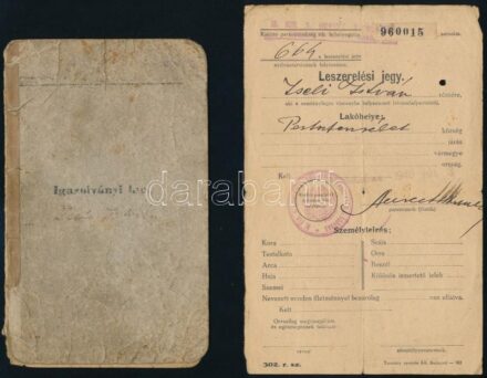 1939-1940 Katona igazolványi lapja, benne leszerelési jeggyel, a 'M. Kir. Alsódabasi 5. Honvéd Kiegészítő Parancsnokság' bélyegzéssel,