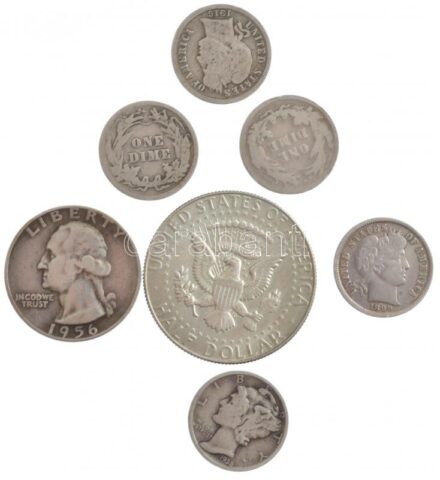 Amerikai Egyesült Államok 1897-1916. 10c Ag 'Barber' (4xklf) + 1938. 10c Ag 'Mercury' + 1956. 1/4$ Ag 'Washington' + 1969D 1/2$ Ag 'Kennedy' T:2-3 patina USA 1897-1916. 1 Dime Ag 'Barber' (4xdiff) + 1938. 1 Dime Ag 'Mercury' + 1956. 1/4 Dollar