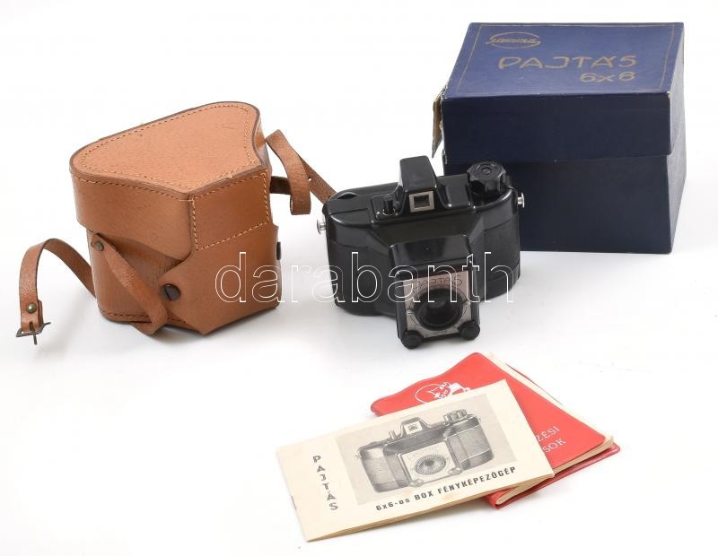Gamma Pajtás fényképezőgép, Achromat 1:8/80 mm objektívvel, 6x6 cm filmformátum, eredeti bőr tokjában, eredeti papír dobozzal
