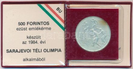 1984. 500Ft Ag 'Sarajevoi Téli Olimpia' sérült, eredeti tokban, tanúsítvánnyal T:BU patina Adamo EM76