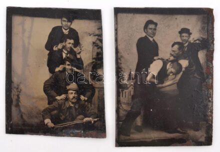 cca 1900 Mókás férfiak, 2 db ferrotípia, 9,5×6,5 cm
