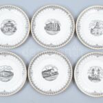 6 db Decobex jelszett dísztányér, Balatonfüred látványosságaival díszítve, matricás porcelán, kopásnyomokkal, d: 20 cm