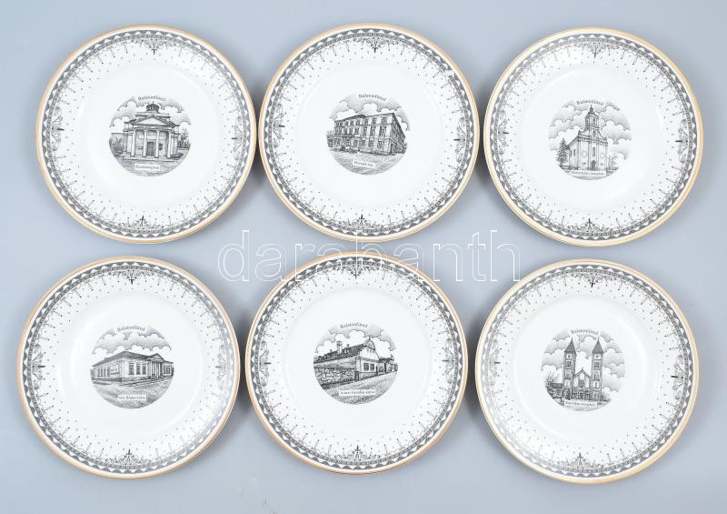 6 db Decobex jelszett dísztányér, Balatonfüred látványosságaival díszítve, matricás porcelán, kopásnyomokkal, d: 20 cm