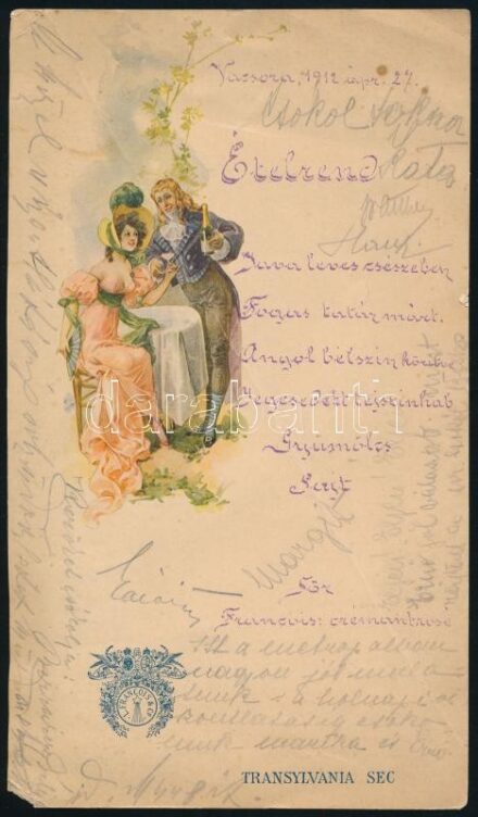 1912 Litografált menükártya, aláírásokkal, törésnyommal. 21 cm