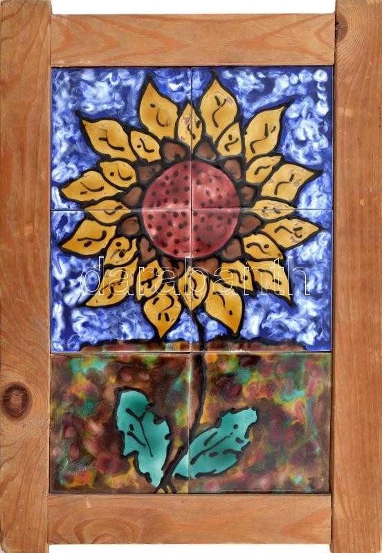 Retró csempekép, napraforgó, jelzett, fakeretben, hibátlan, 30x20 cm