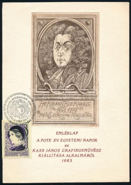Kass János (1927-2010): POTE Egyetemi Napok - Hermann Boerhave. Rézkarc, papír: Jelzett a dúcon 8x13 cm