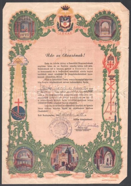 1945 Szentföld mozgalom oklevele, székén szakadással 25x36 cm