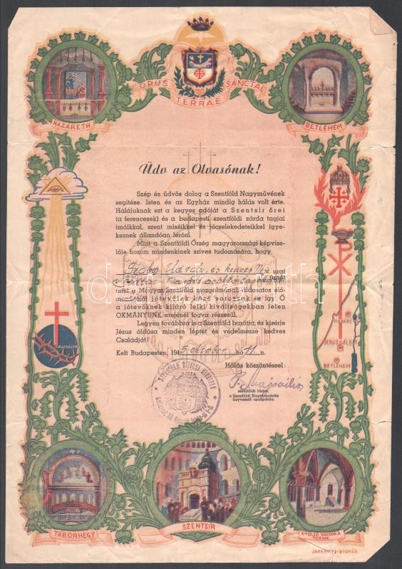 1945 Szentföld mozgalom oklevele, székén szakadással 25x36 cm