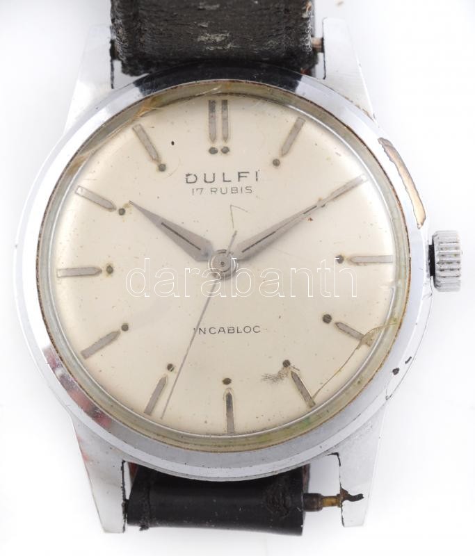 Dulfi kézi felhúzós mechanikus karóra, működő, jó állapotban, karcos óratok, plexi sérült d: 32 mm