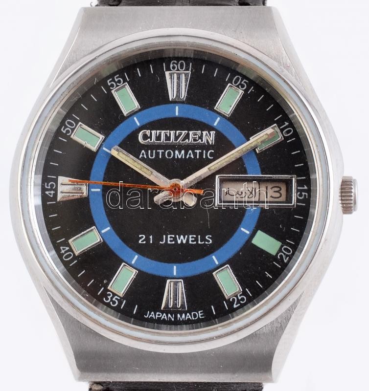 Citizen automata, arab dátumkijelzős karóra, működő, jó állapotban, szép óratok, bőrszíj d: 32 mm