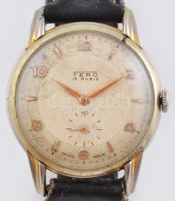 Fero kézi felhúzós, mechanikus karóra, működő, jó állapotban, kopott óratok, bőrszíj d: 34 mm