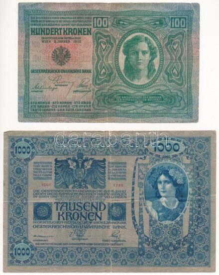 Ausztria 1912. (1919.) 100K piros 'DEUTSCHÖSTERREICH' felülbélyegzéssel, mindkét oldal német + 1902. (1919.) 1000K piros 'DEUTSCHÖSTERREICH' felülbélyegzéssel, mindkét oldal német T:III,III- Austria 1912. (1919.) 100 Kronen with red