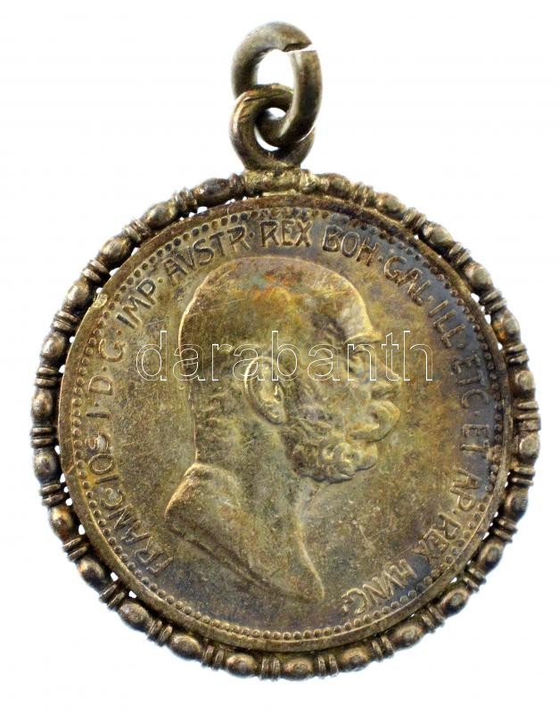 Ausztria 1908. 1K Ag 'Ferenc József - Jubileum' fém keretbe foglalva, füllel T:1-,2 patina, ü. Austria 1908. 1 Corona Ag 'Franz Joseph - Jubilee' in metal frame, with ear C:AU,XF patina, ding Krause KM#2808