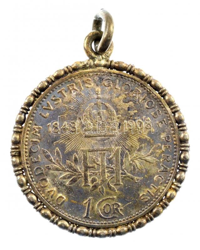 Ausztria 1908. 1K Ag 'Ferenc József - Jubileum' fém keretbe foglalva, füllel T:1-,2 patina, ü. Austria 1908. 1 Corona Ag 'Franz Joseph - Jubilee' in metal frame, with ear C:AU,XF patina, ding Krause KM#2808 - Image 2