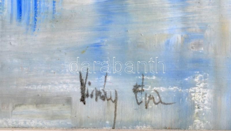 Virág Éva (1957-): Mediterrán táj. Olaj, farost, jelzett, fakeretben, 20×60 cm - Image 2