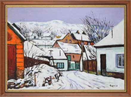 Arató István (1922-2010): Pomázi faluvége. Olaj, farost, jelzett, fakeretben, 50×70 cm