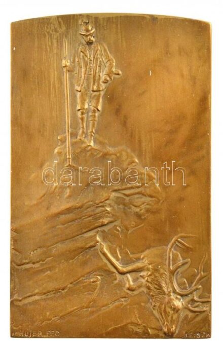 Ausztria 1910. 'Az Ischlben lévő Ferenc József-szobor leleplezésének emlékére' kétoldalas bronz emlékplakett (50x81mm) T:1- Austria 1910. 'Zur Erinnerung an die Enthüllung des Kaiser Stanbildes in Ischl' two-sided bronze plaque (50x81mm)